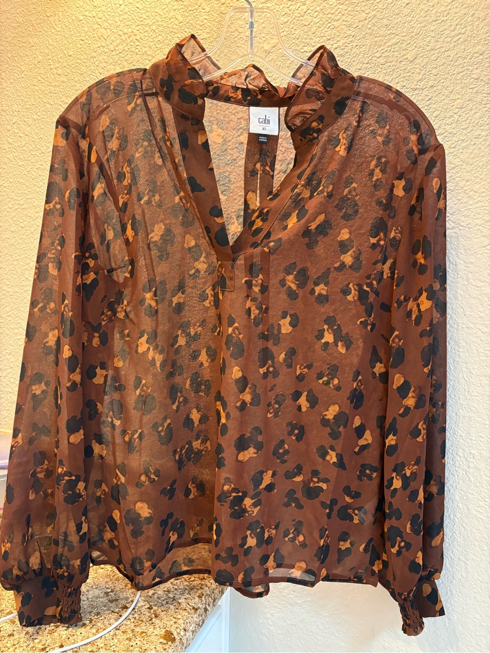 CAbi Brown & Black Animal Print Sheer V-Neck Blouse